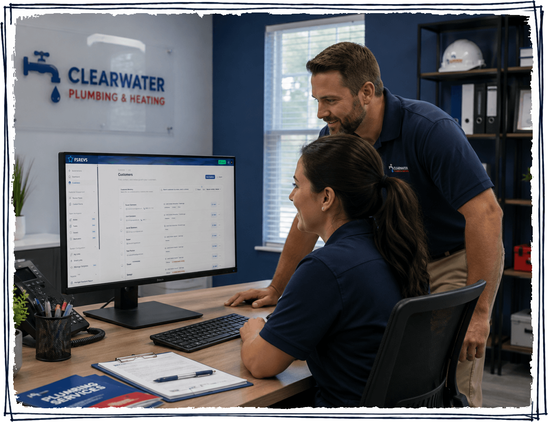 Plumbing office team reviewing customer records and follow-up opportunities