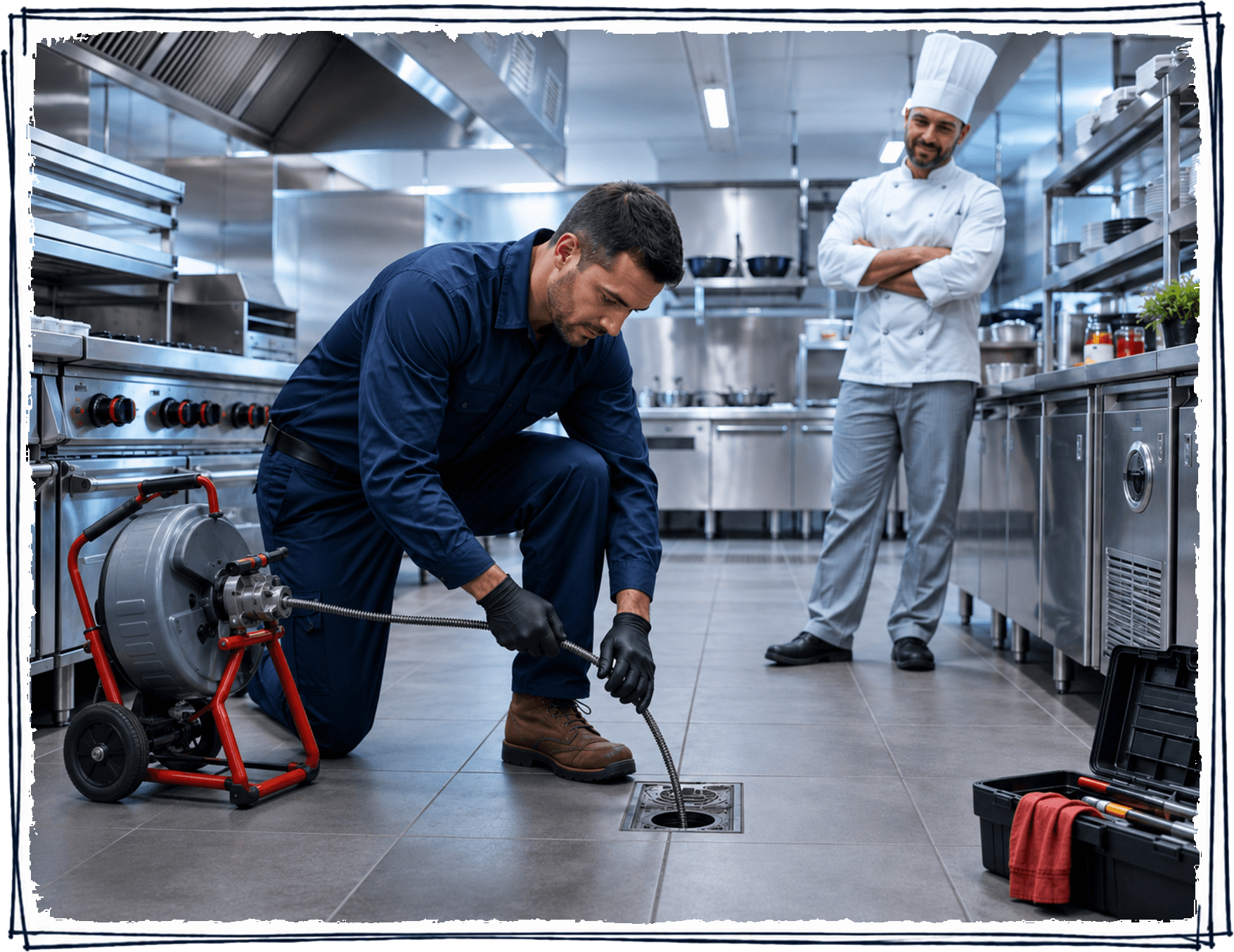 Plumbing technician clearing a commercial kitchen drain while the customer observes