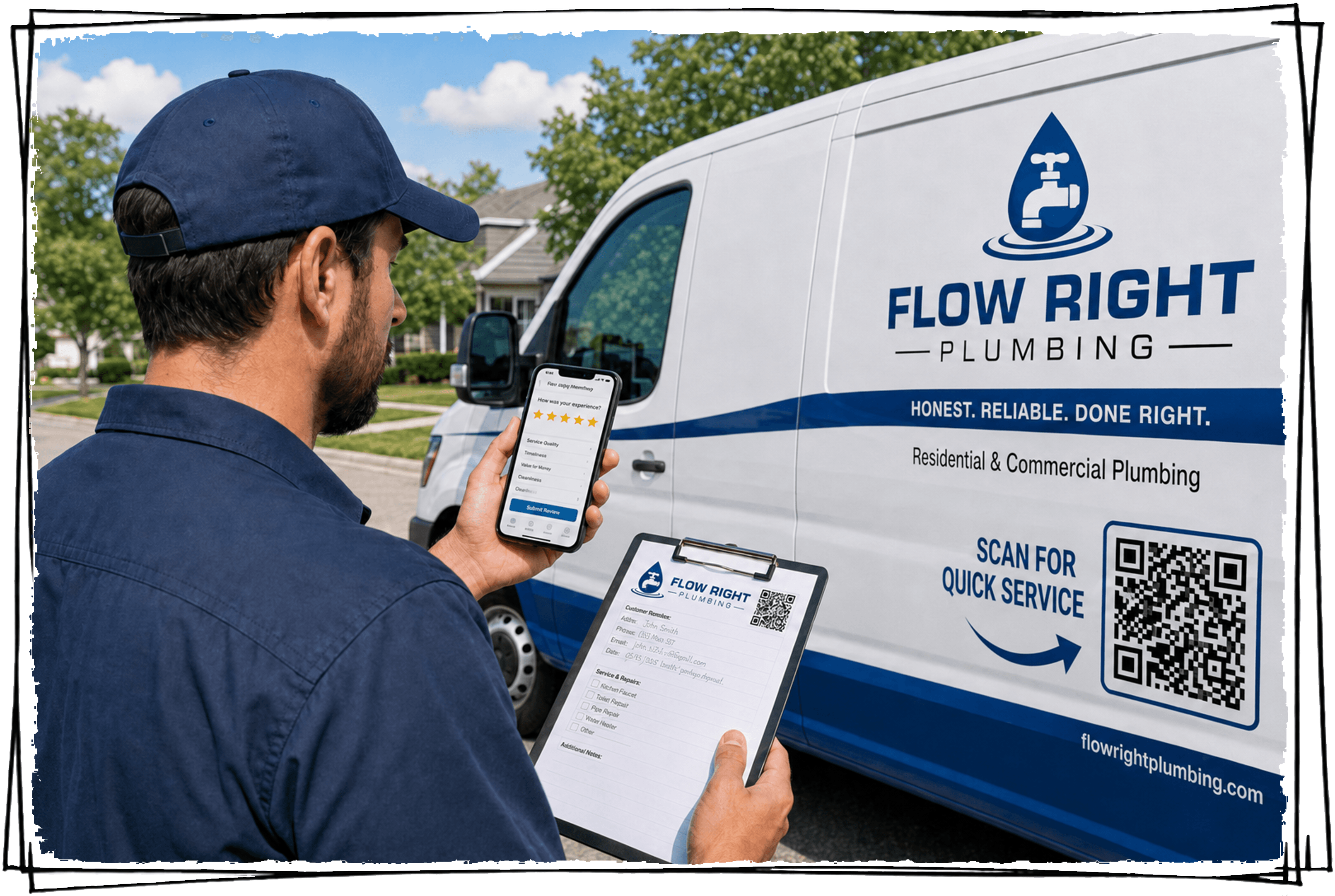 Plumbing technician beside a service van using a mobile review flow with a QR-code service card