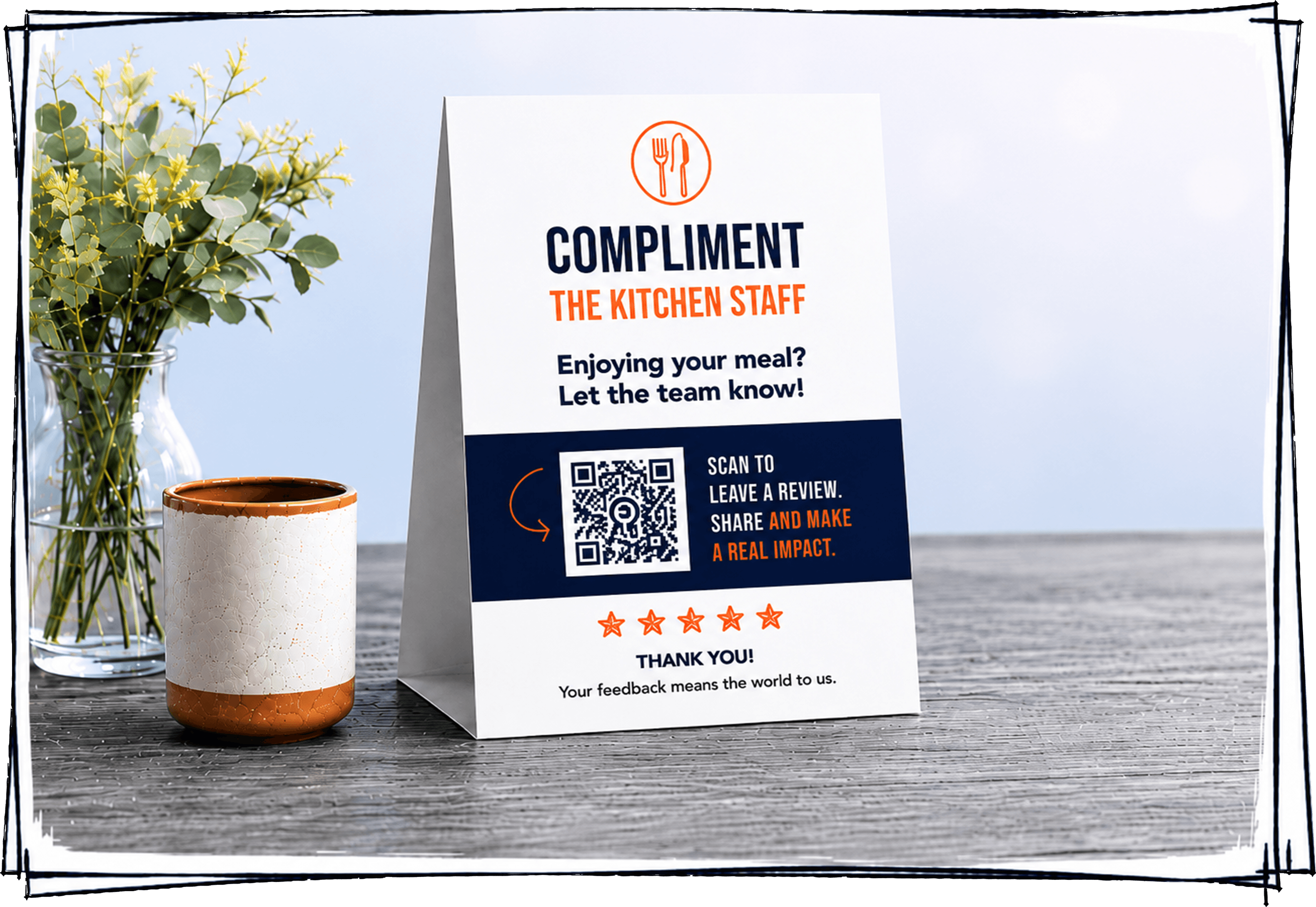 Restaurant table touchpoint with a QR code inviting guests into a customer engagement flow