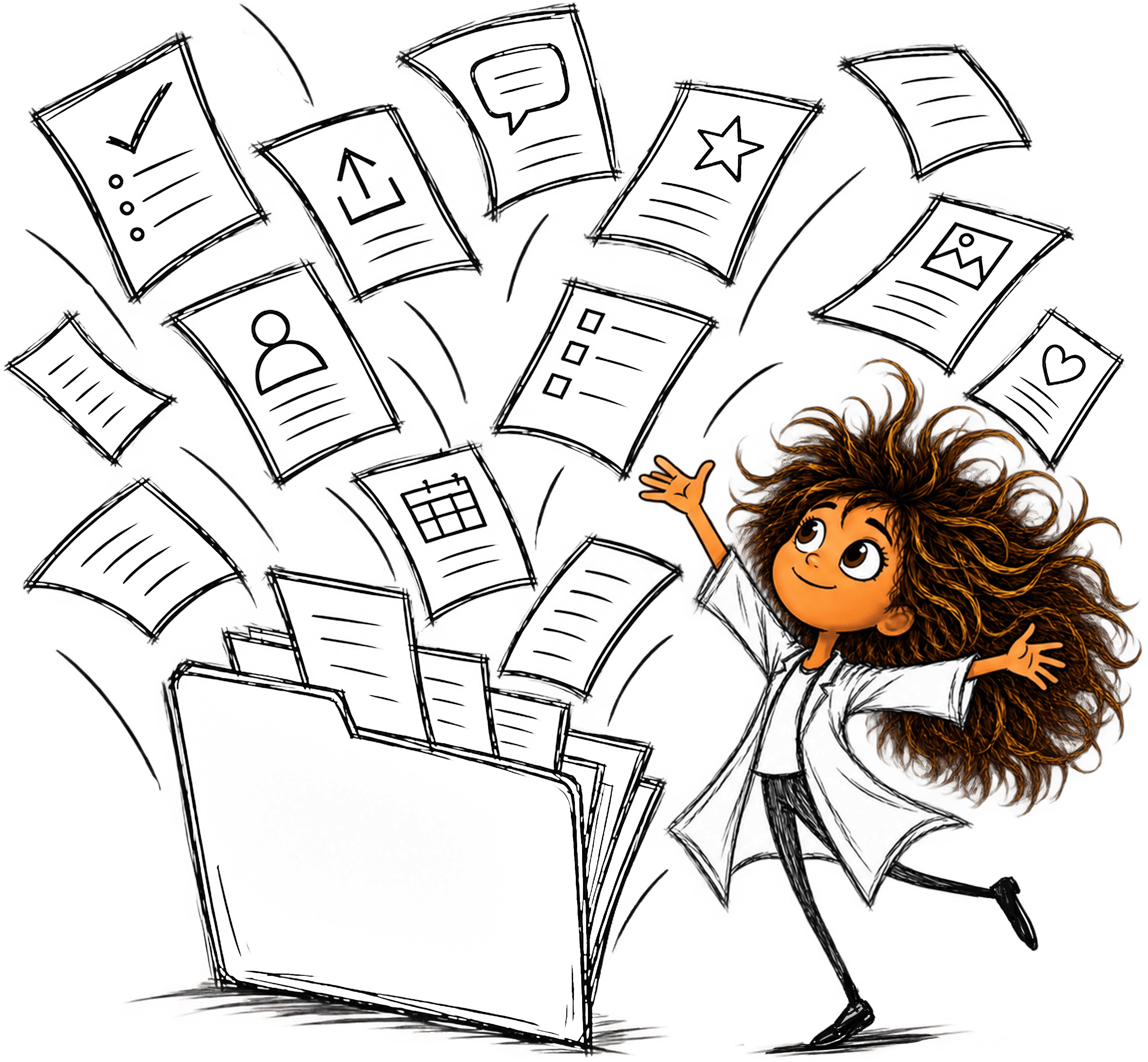 Illustration of a person beside a folder of forms and survey pages