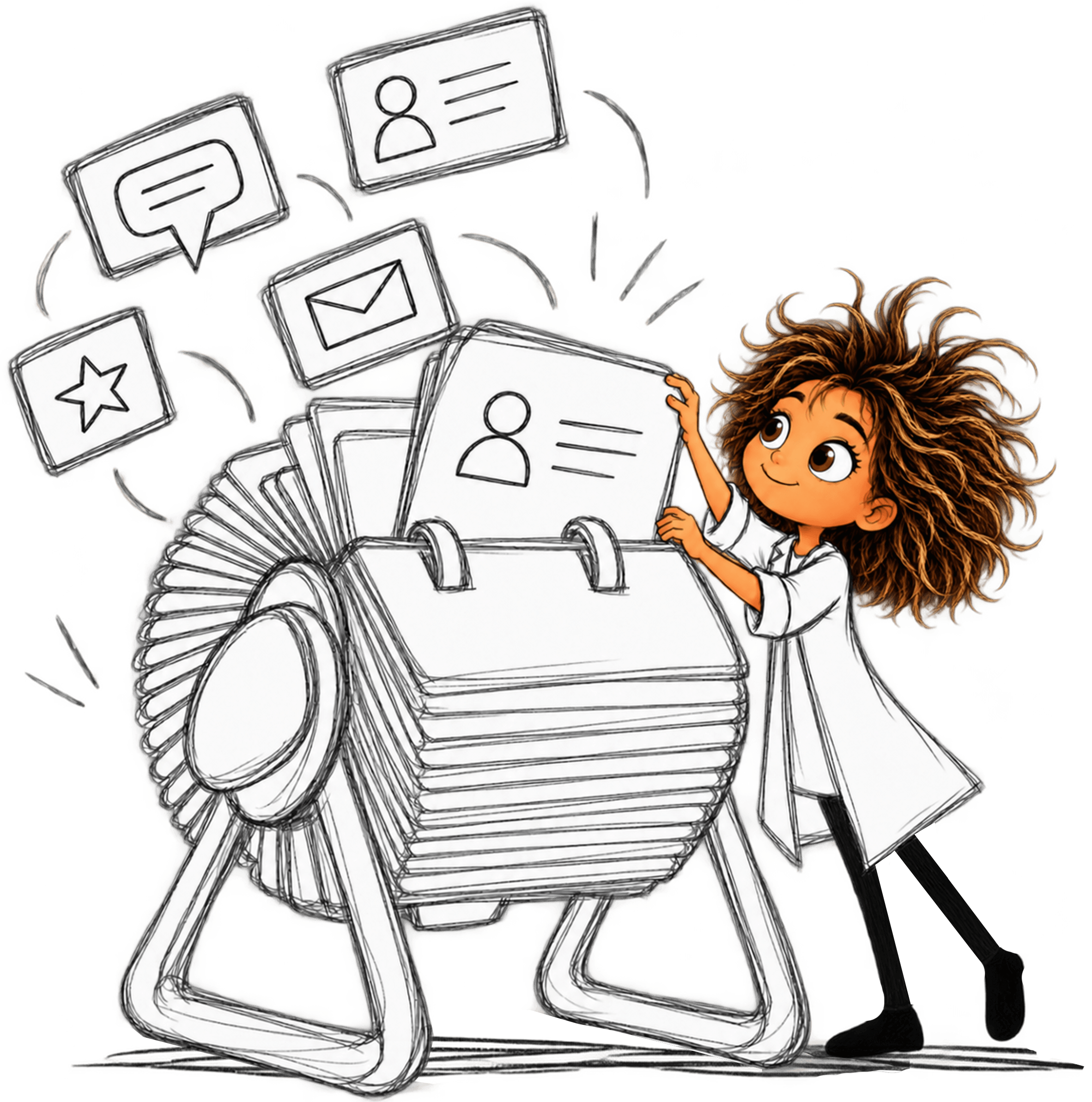 A scientist organizing customer profile cards in a rolodex, with connected message, email, and review cards
