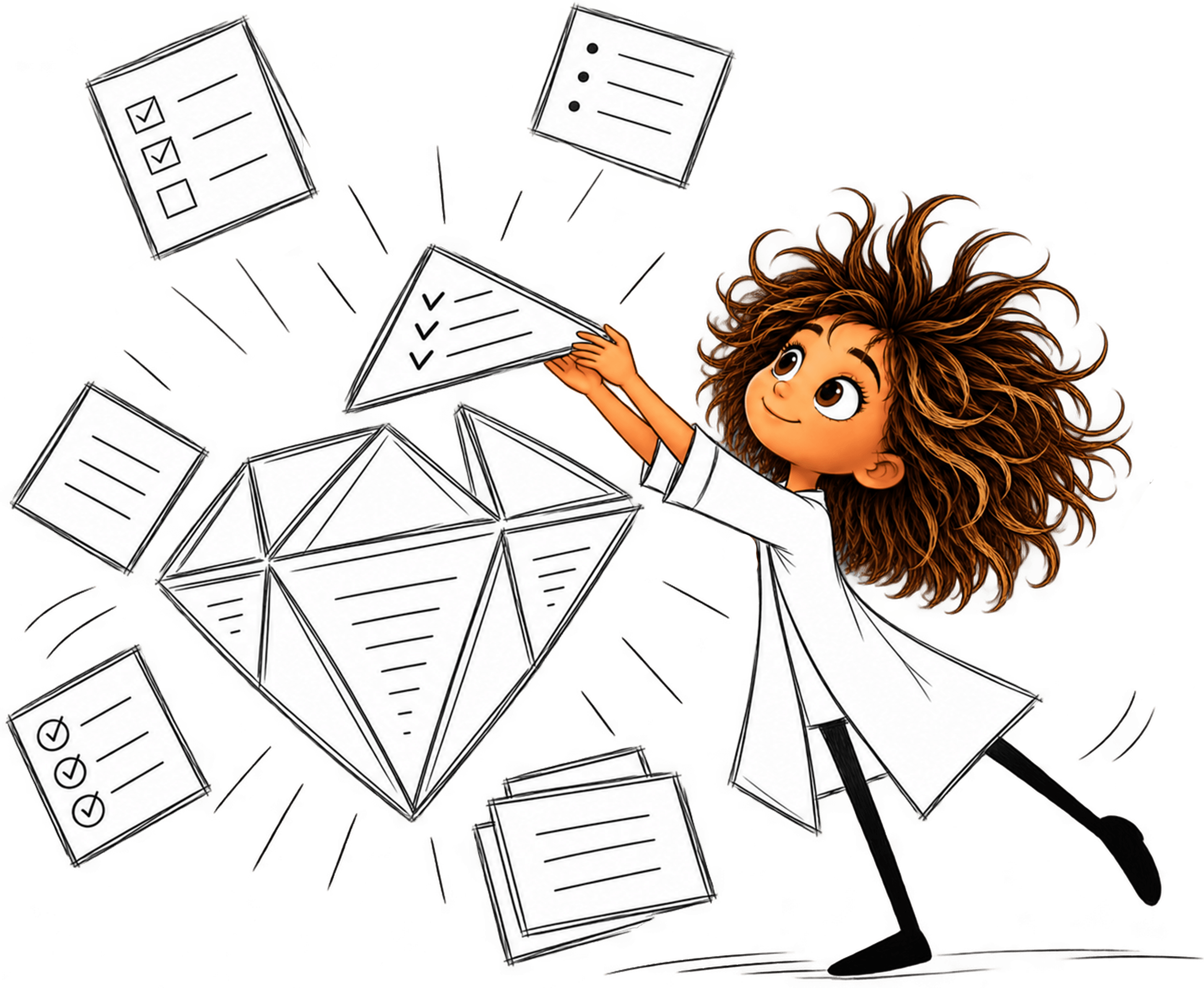 A Round Pixel Labs character organizing customer lists around a diamond-shaped collection of list cards