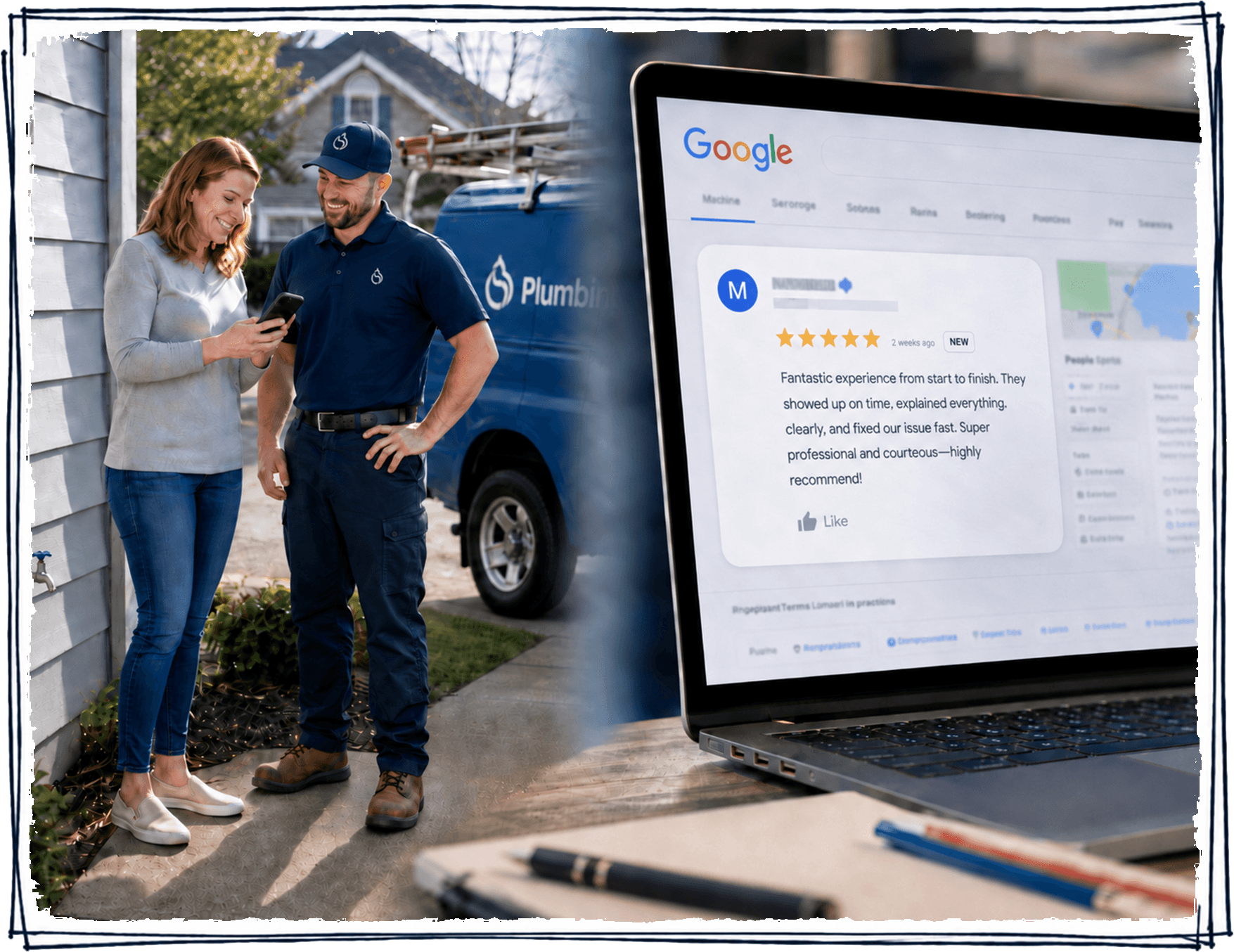 Customer and plumbing technician beside a service van with a local review displayed on a laptop