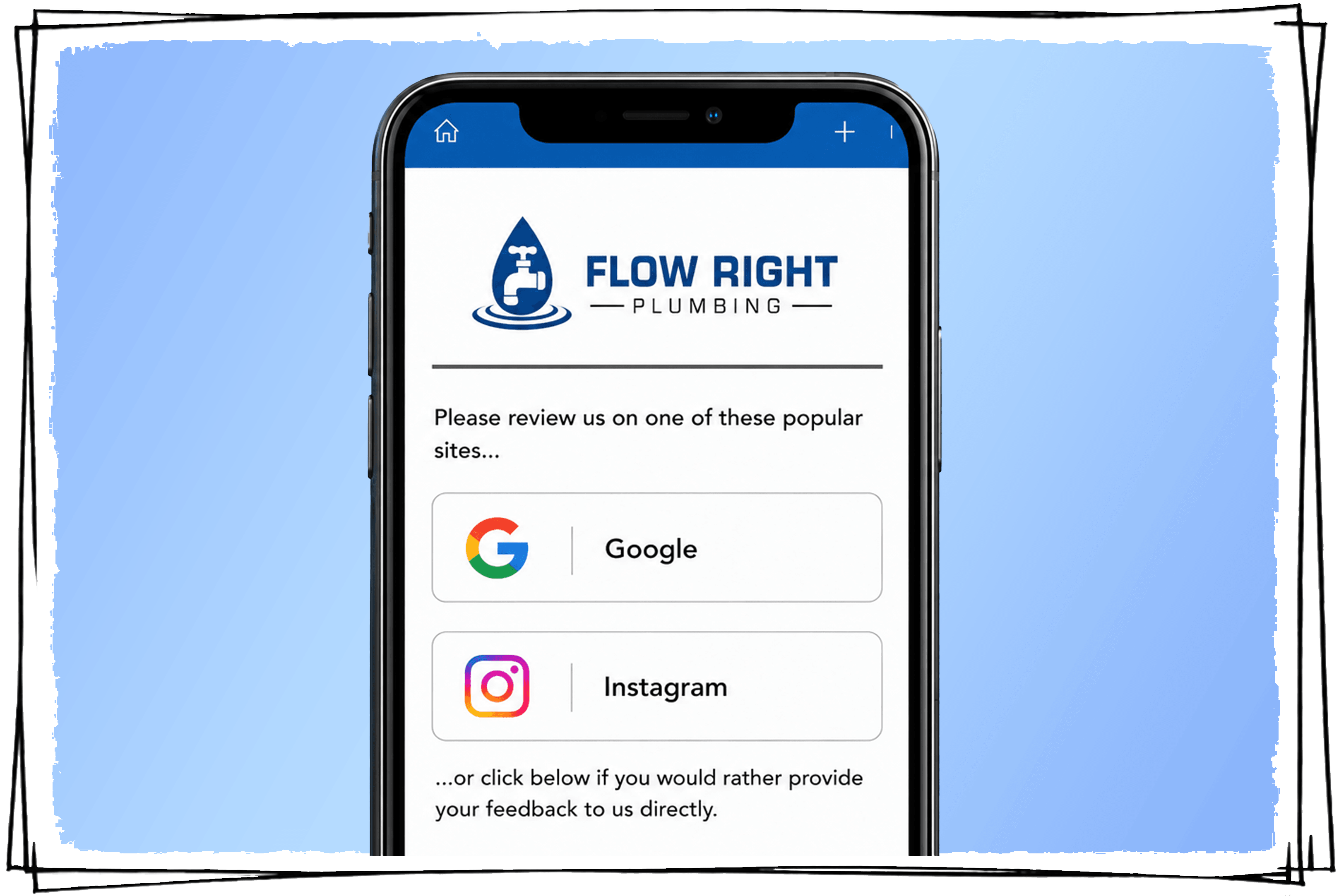 Branded plumbing review flow displayed on a mobile phone
