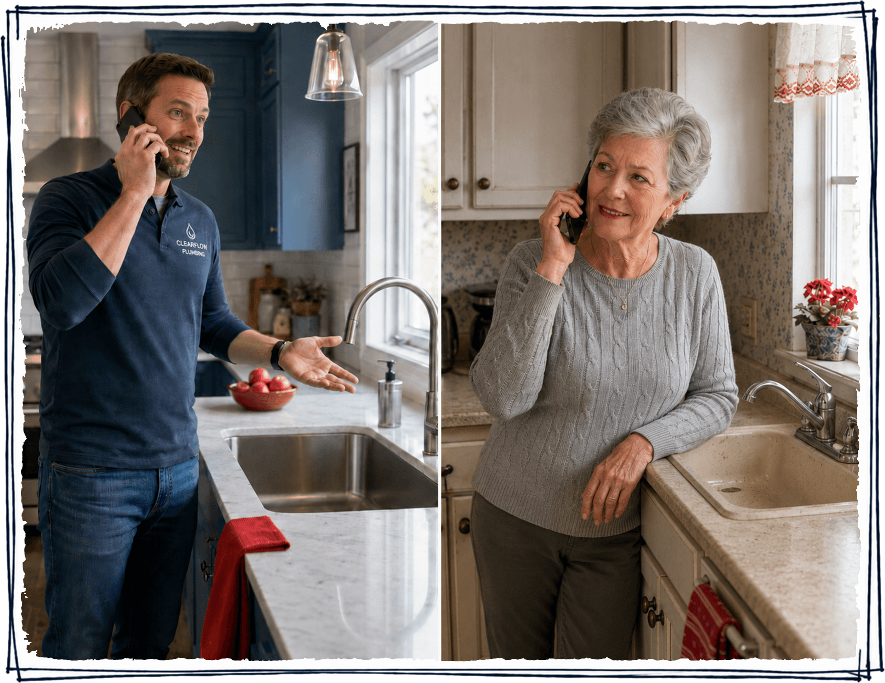 Plumbing technician and homeowner discussing a referral by phone