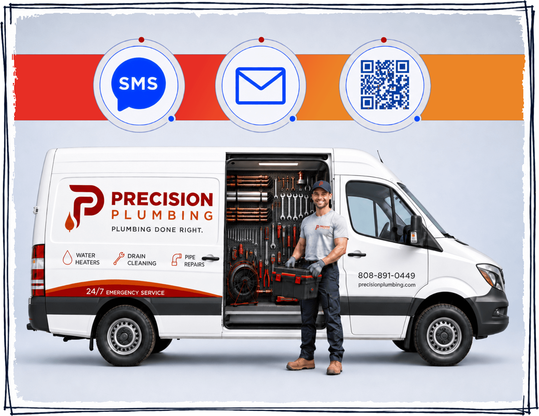 Plumbing technician beside a service truck with SMS, email, and QR-code engagement options