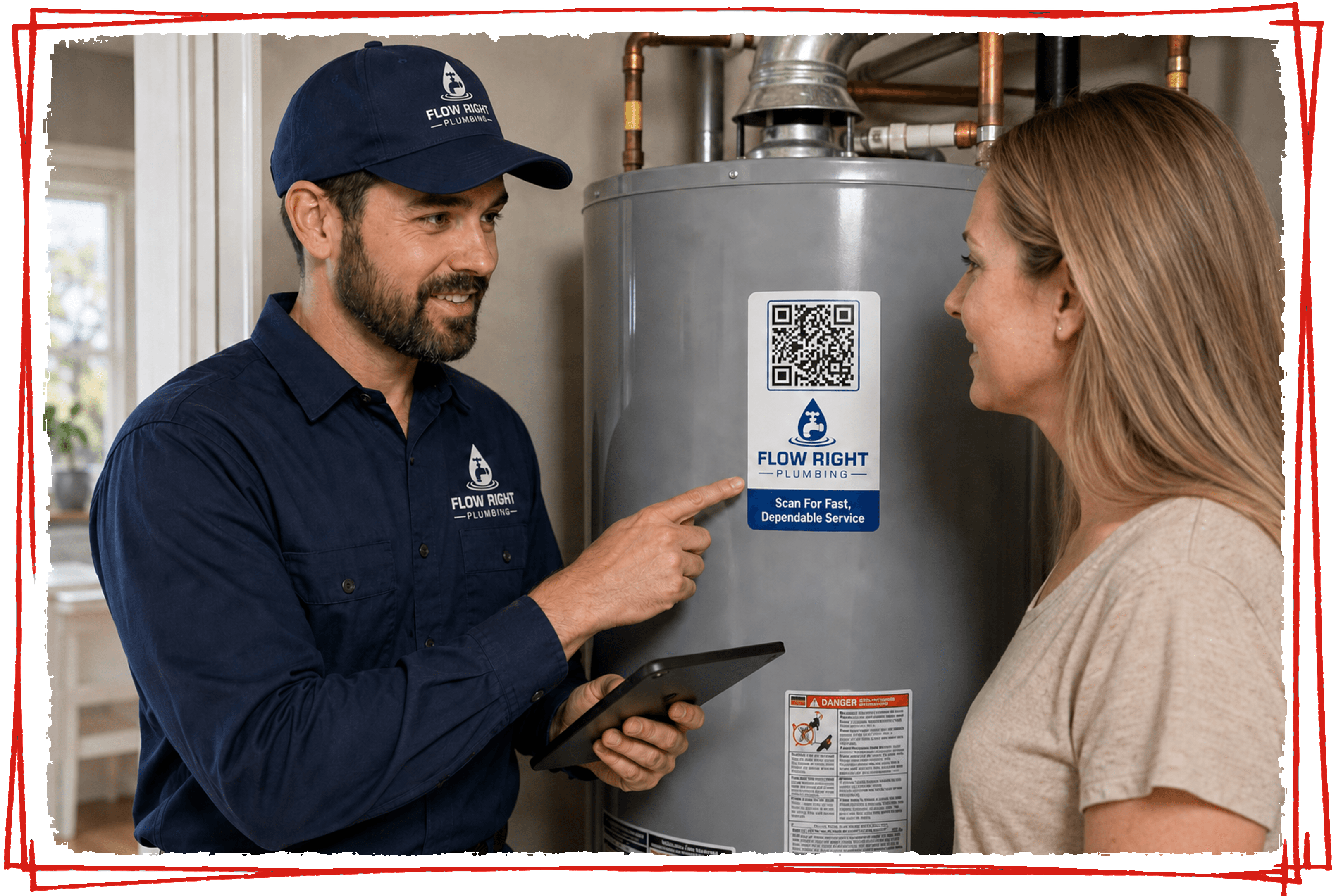 Plumbing technician showing a homeowner a branded QR-code service tag on a water heater