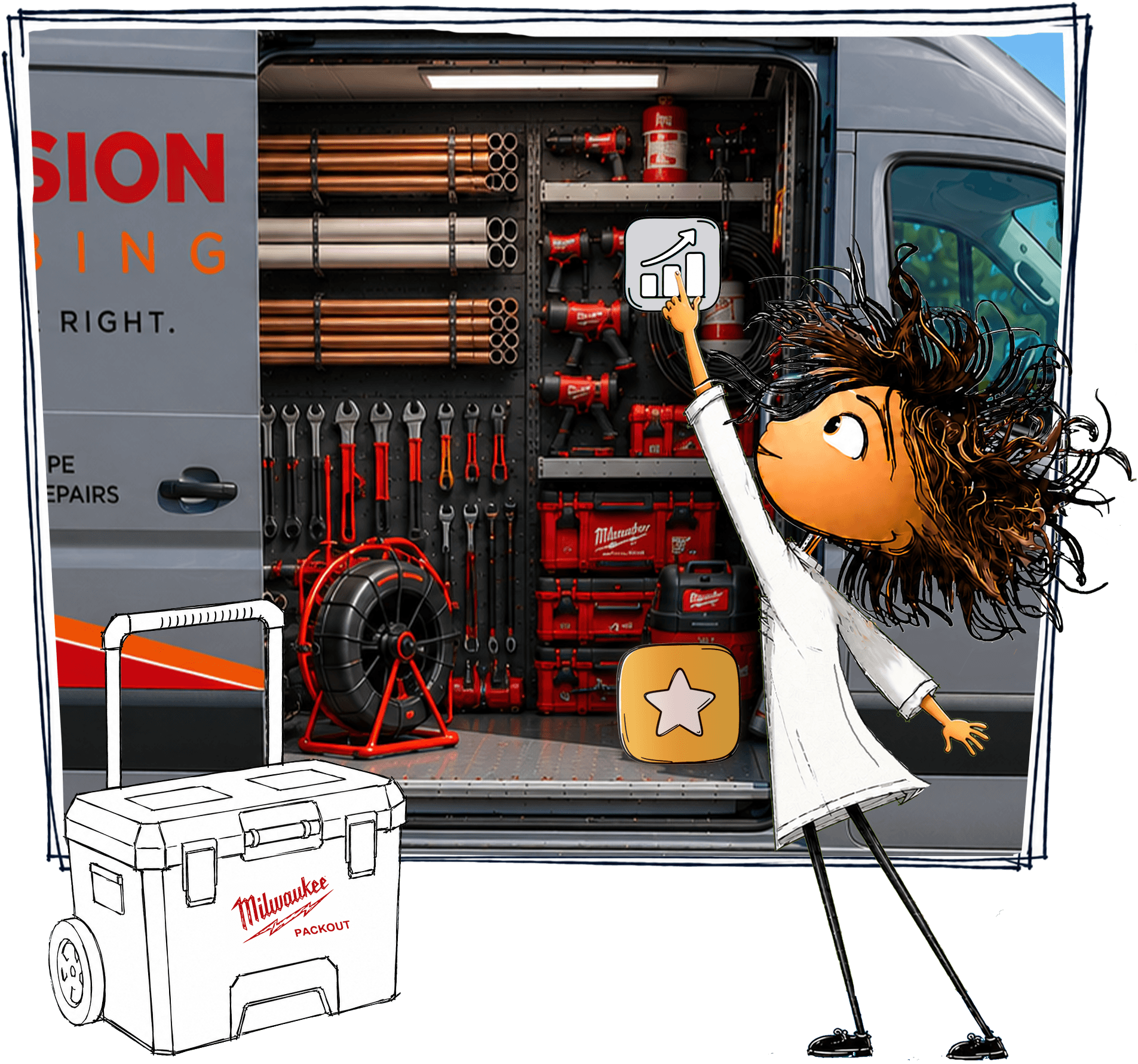 Illustrated plumbing service van with organized tools and a customer engagement prompt.