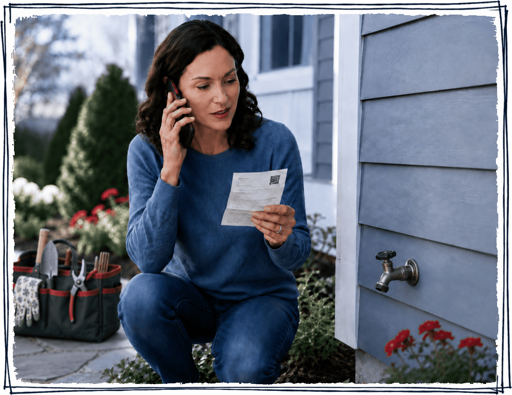 Homeowner calling a plumbing company about an issue shown on her service paperwork