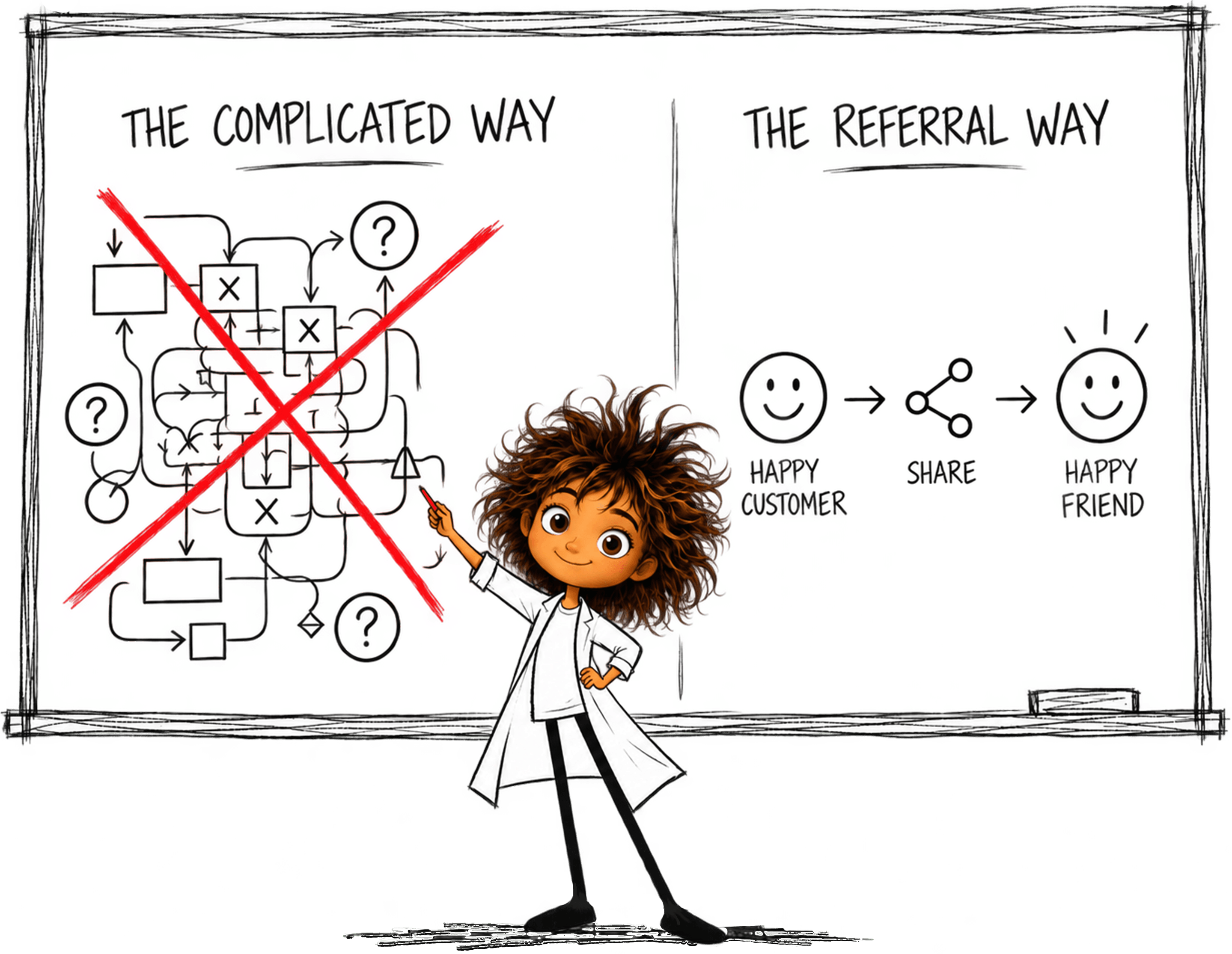 Illustration comparing a complicated referral process with a simple path from a happy customer to a happy friend