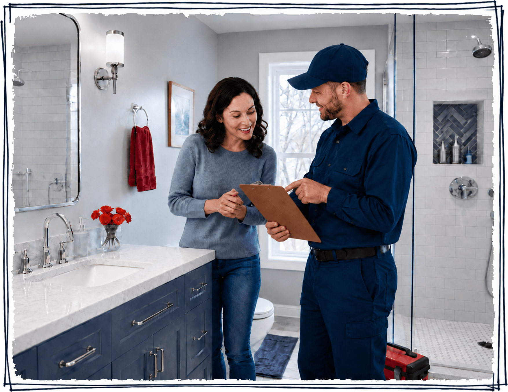 Plumbing technician reviewing completed bathroom work with a homeowner