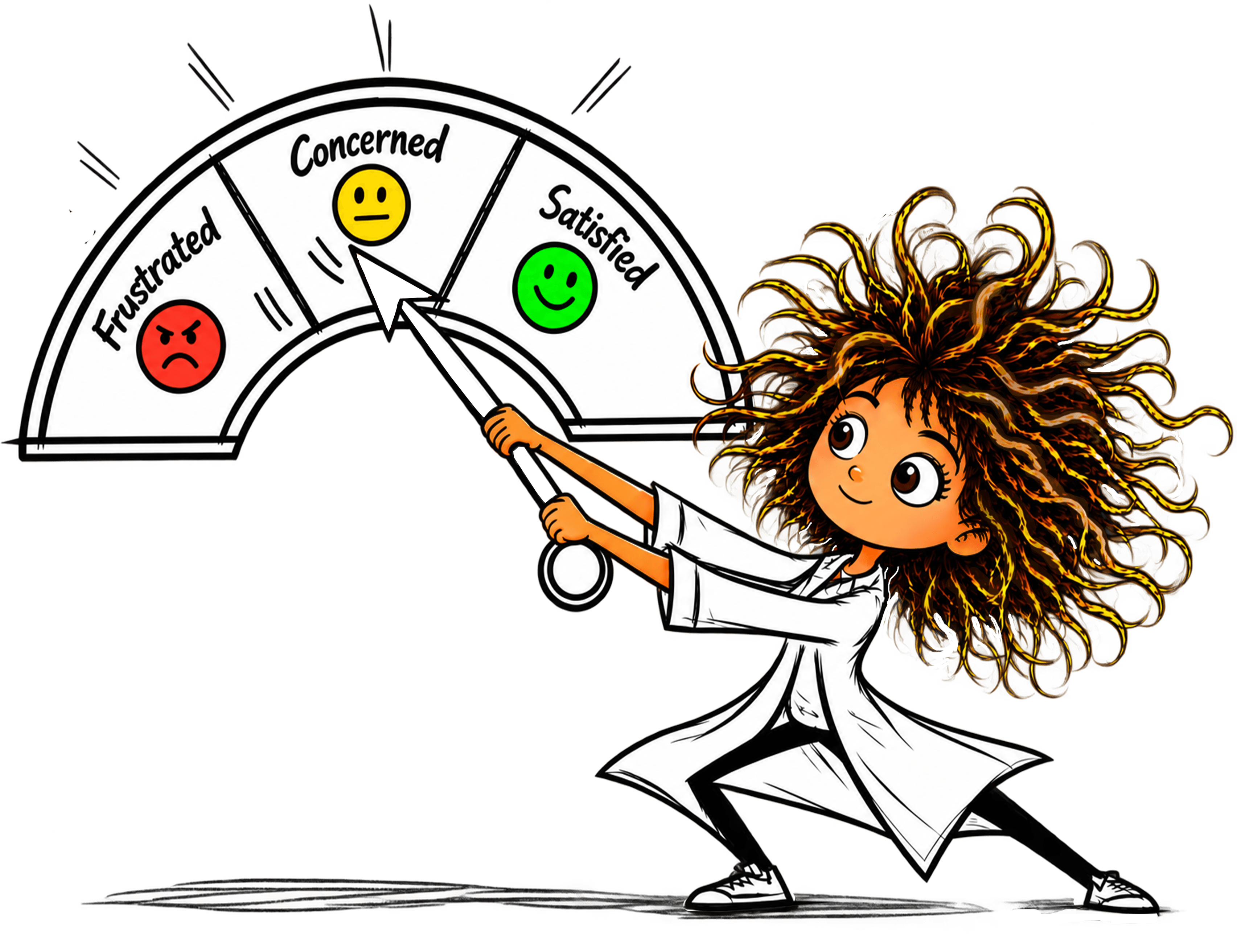 Illustration of a character turning a customer satisfaction gauge from frustrated toward satisfied