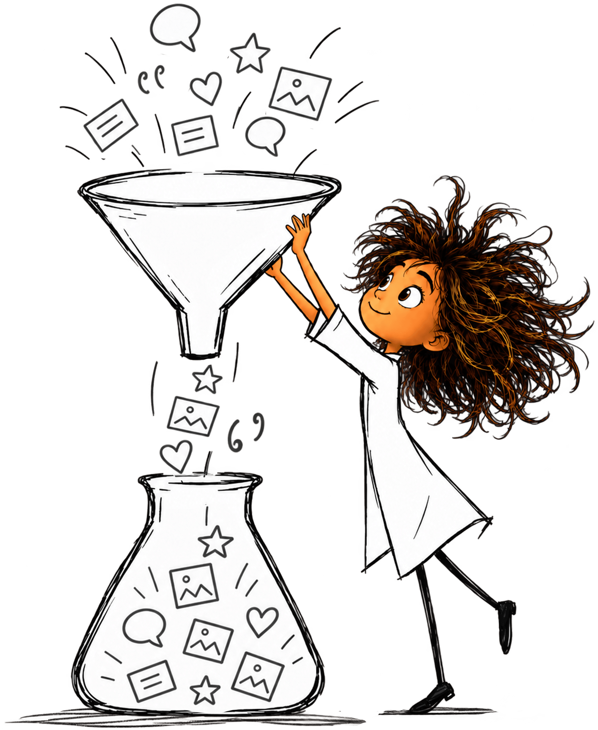 Illustration of a person collecting customer photos, stories, and comments through a funnel
