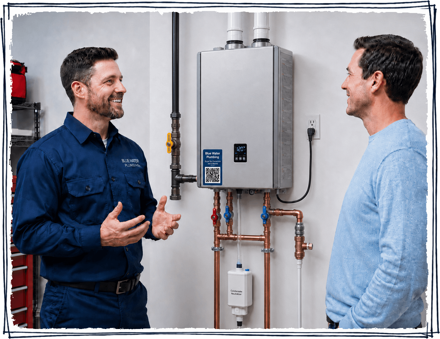 Plumbing technician discussing a completed tankless water heater job with a homeowner